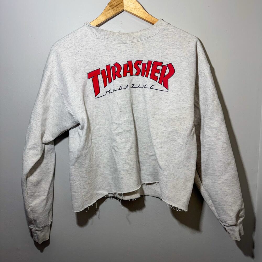 Thrasher Magazine Grey Cropped Crewneck Sweatshirt Distressed Stained Smal